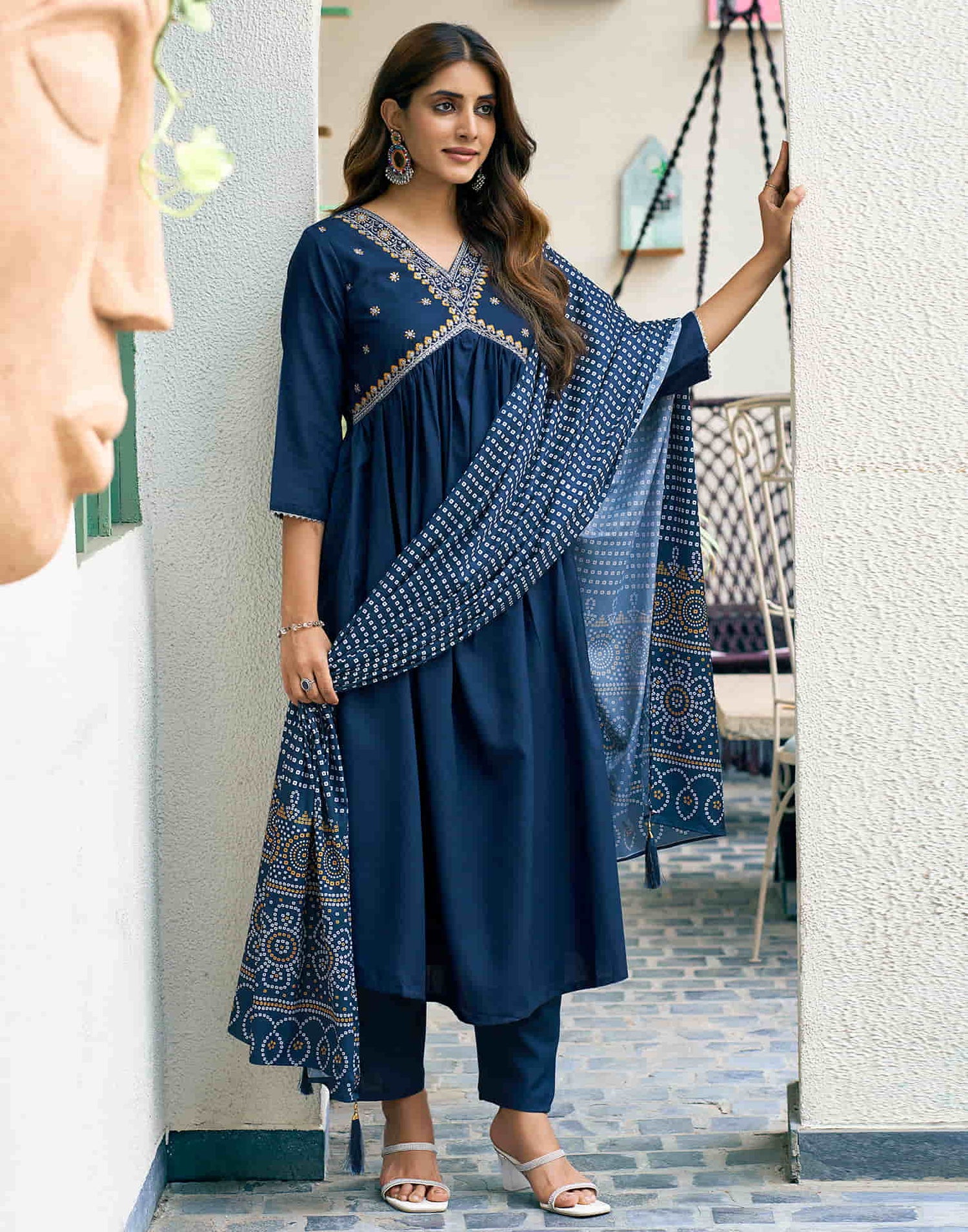 Teal Blue Embroidery Cotton Flared Kurta With Pant And Dupatta