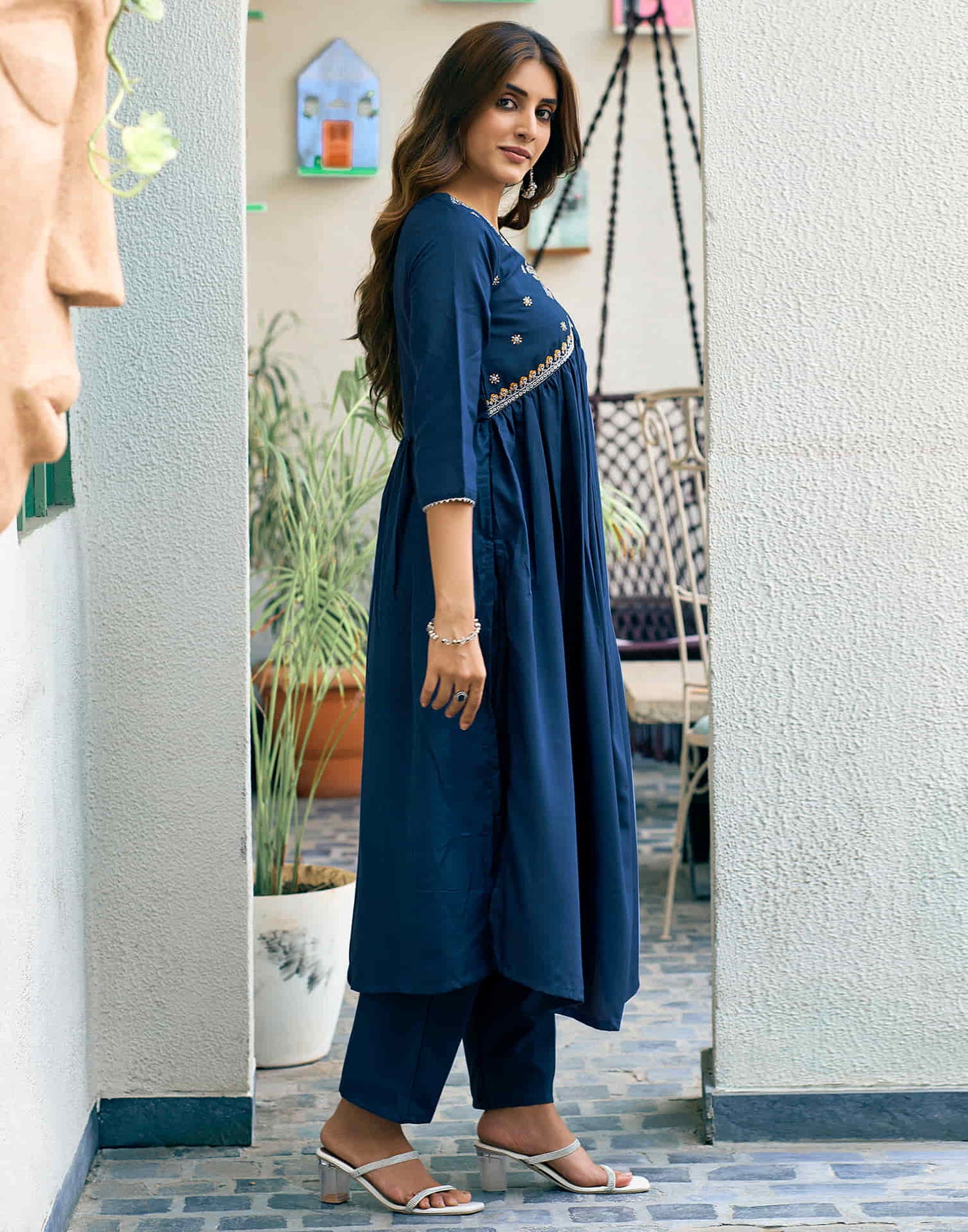 Teal Blue Embroidery Cotton Flared Kurta With Pant And Dupatta