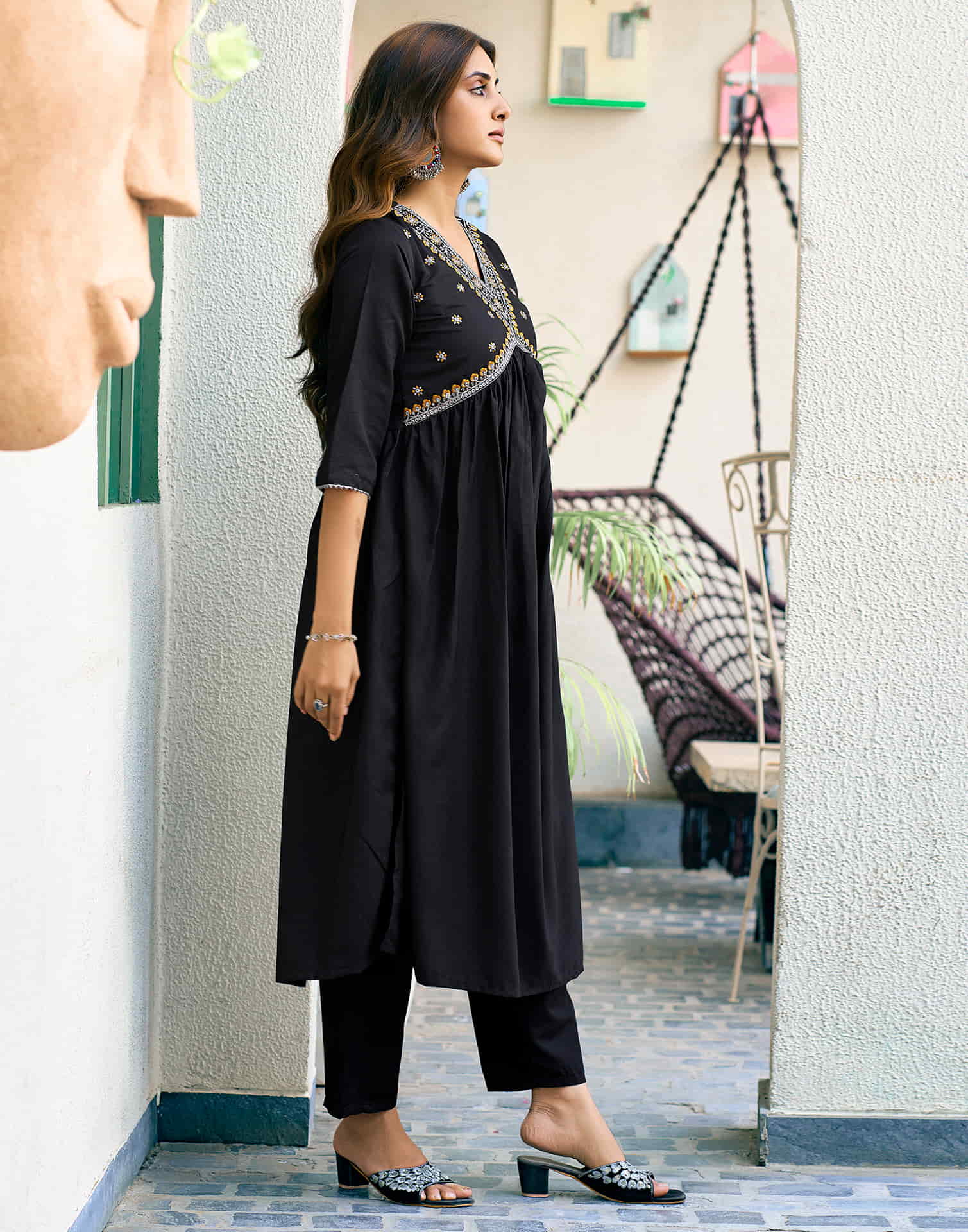 Black Embroidery Cotton Flared Kurta With Pant And Dupatta