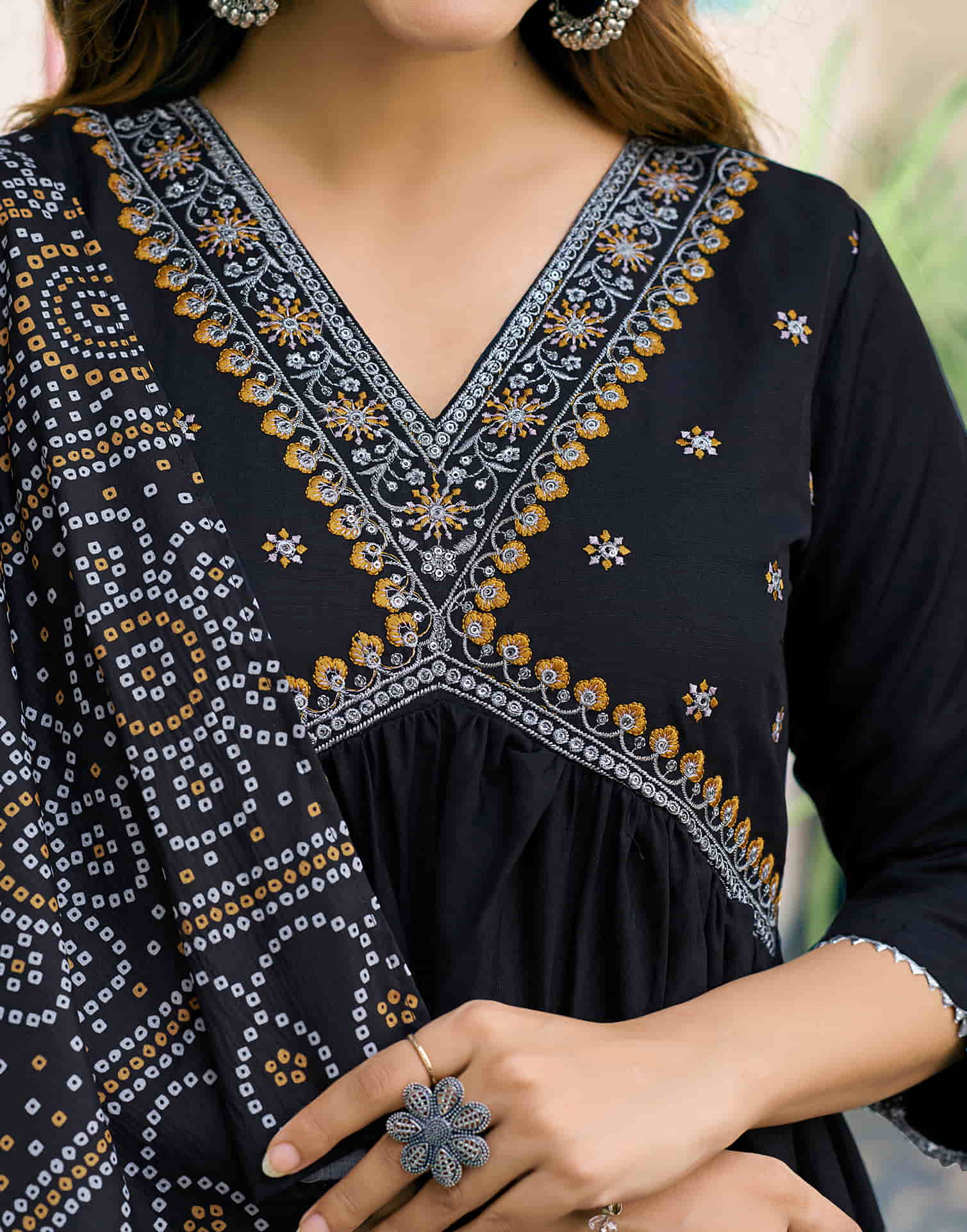 Black Embroidery Cotton Flared Kurta With Pant And Dupatta