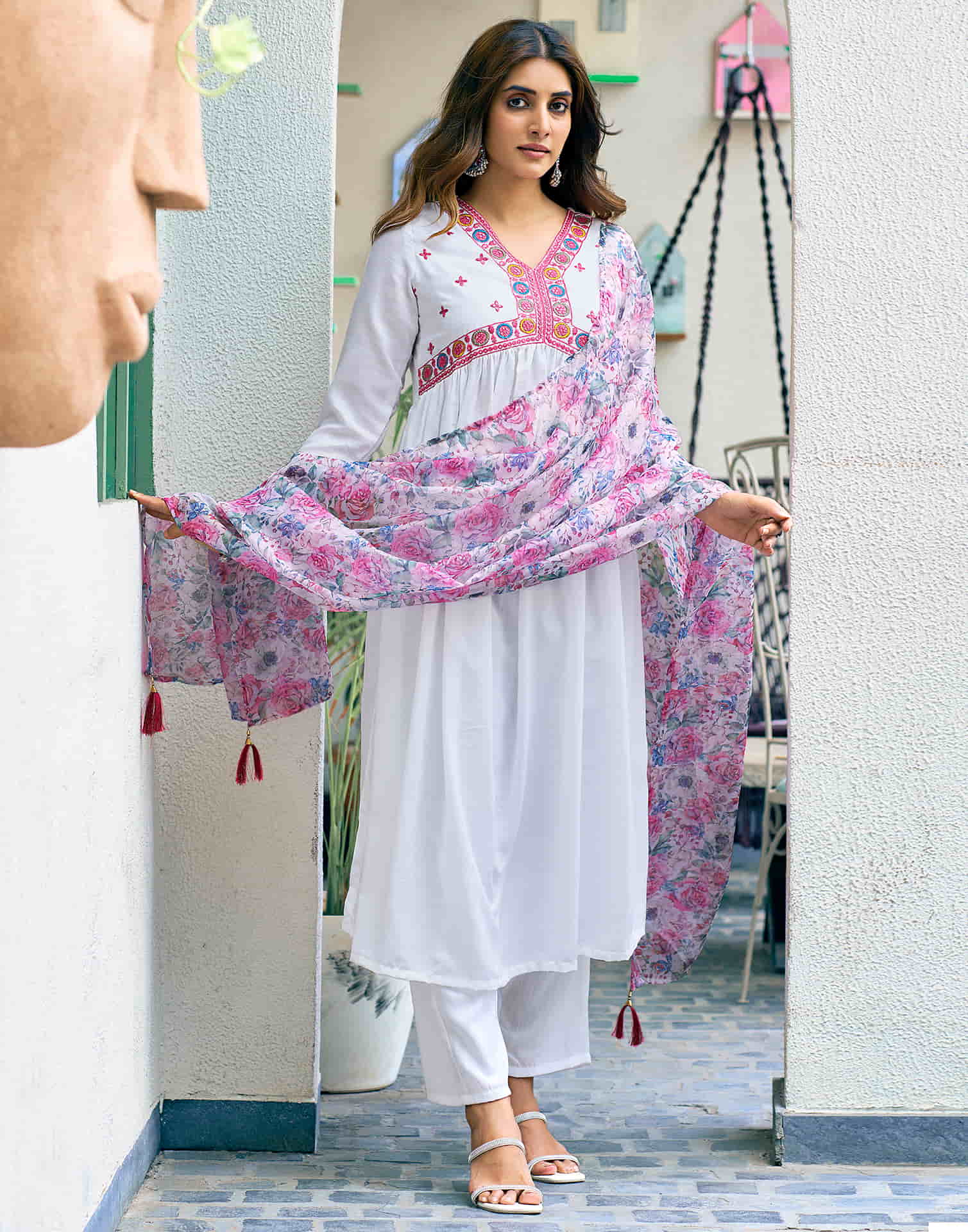 White Embroidery Cotton Flared Kurta With Pant And Dupatta