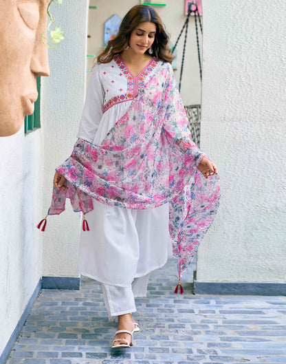 White Embroidery Cotton Flared Kurta With Pant And Dupatta