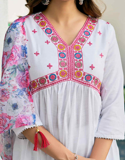 White Embroidery Cotton Flared Kurta With Pant And Dupatta