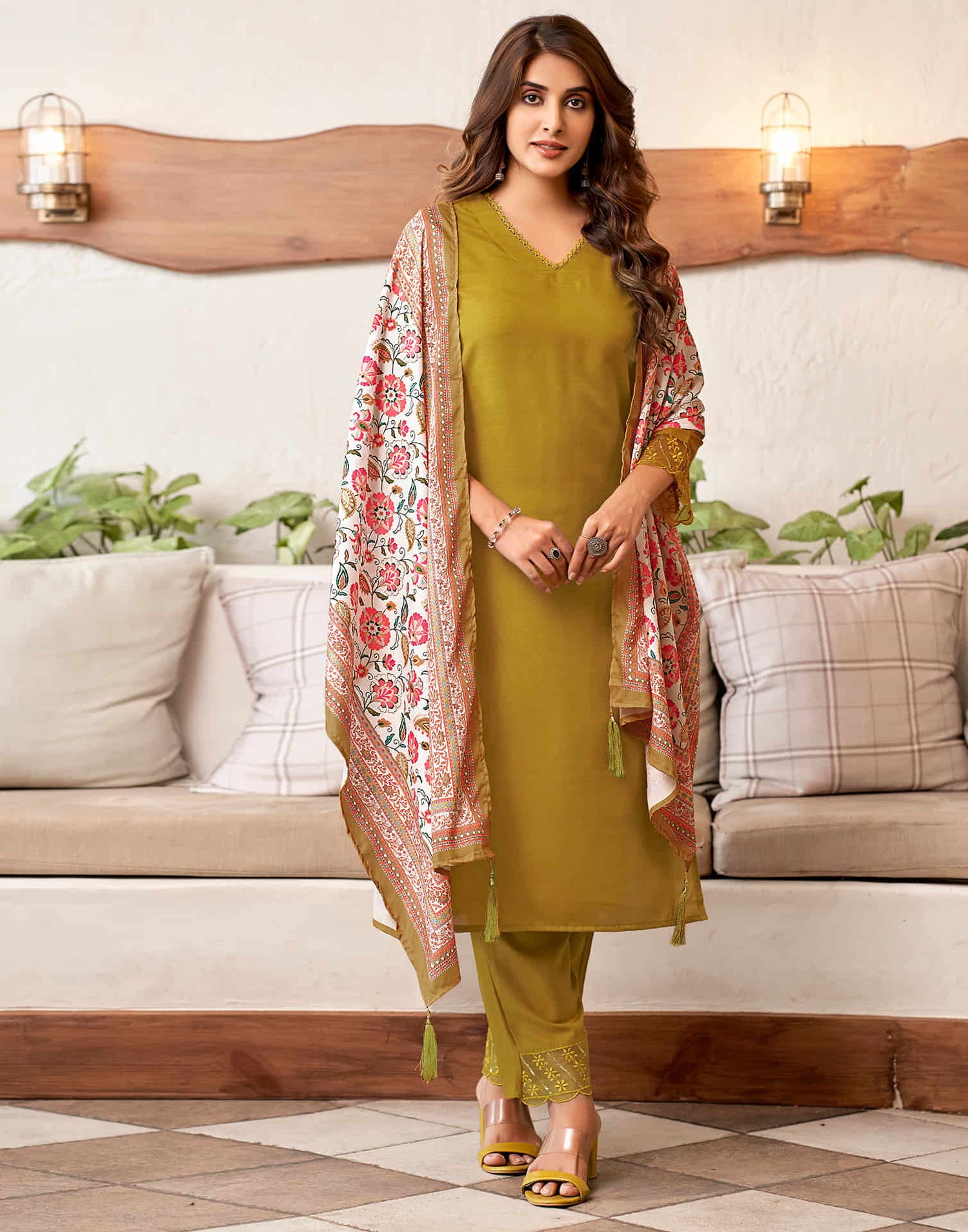 Mustard Yellow Embroidery Cotton Straight Kurta With Pant And Dupatta