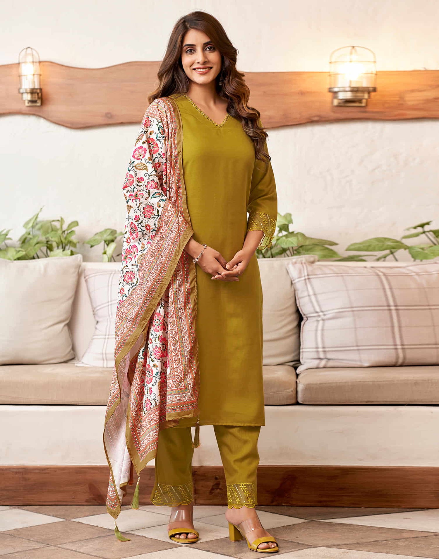 Mustard Yellow Embroidery Cotton Straight Kurta With Pant And Dupatta