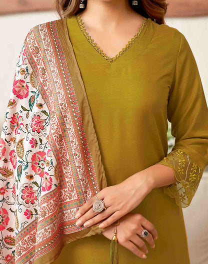 Mustard Yellow Embroidery Cotton Straight Kurta With Pant And Dupatta