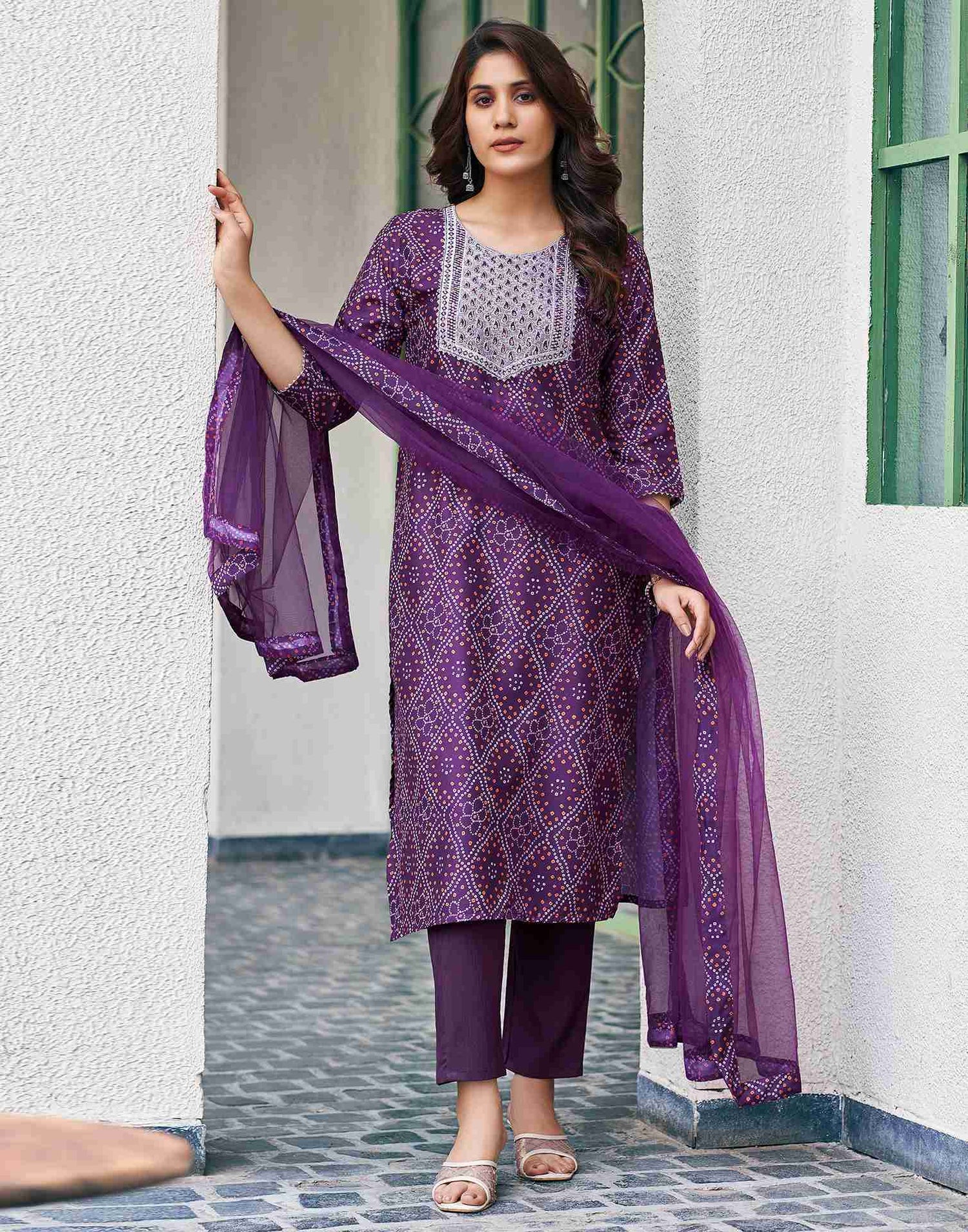 Dark Purple Embroidery Silk Straight Kurta Set With Dupatta