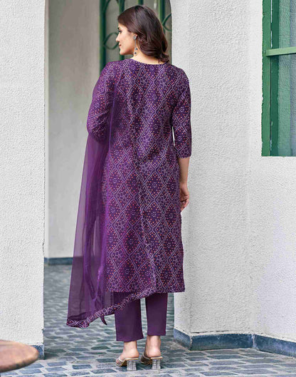 Dark Purple Embroidery Silk Straight Kurta Set With Dupatta