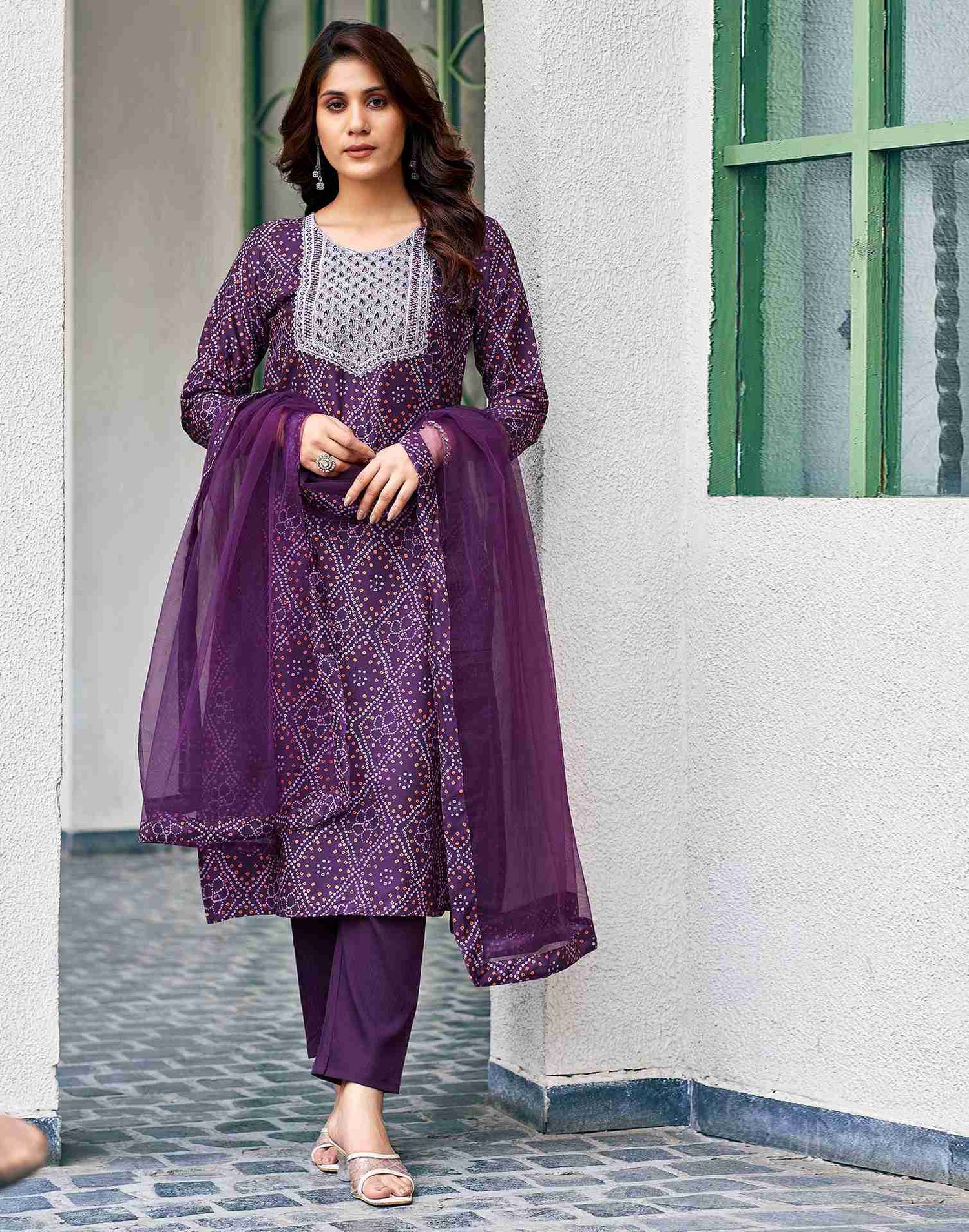 Dark Purple Embroidery Silk Straight Kurta Set With Dupatta