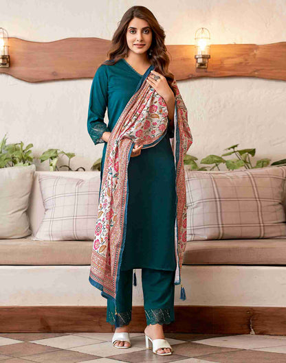 Rama Blue Cotton Embroidery Straight Kurta Set With Dupatta