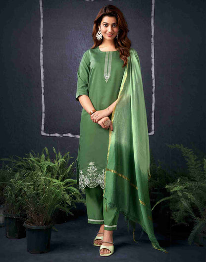 Olive Green Silk Embroidery Straight Kurta With Pant And Dupatta