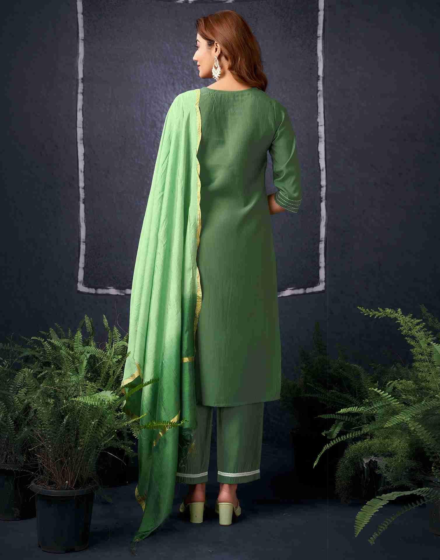 Olive Green Silk Embroidery Straight Kurta With Pant And Dupatta