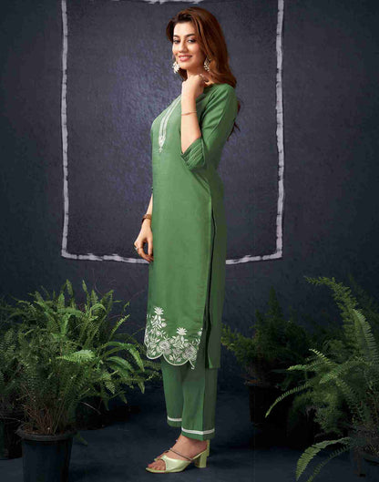 Olive Green Silk Embroidery Straight Kurta With Pant And Dupatta