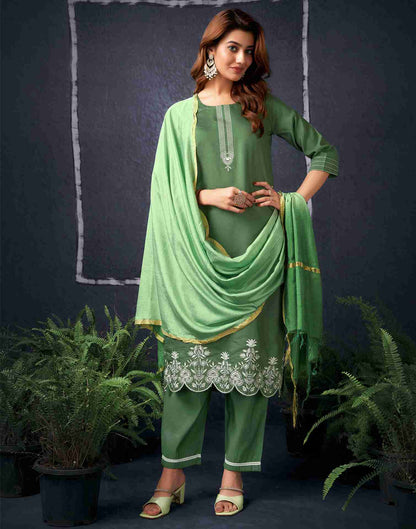 Olive Green Silk Embroidery Straight Kurta With Pant And Dupatta