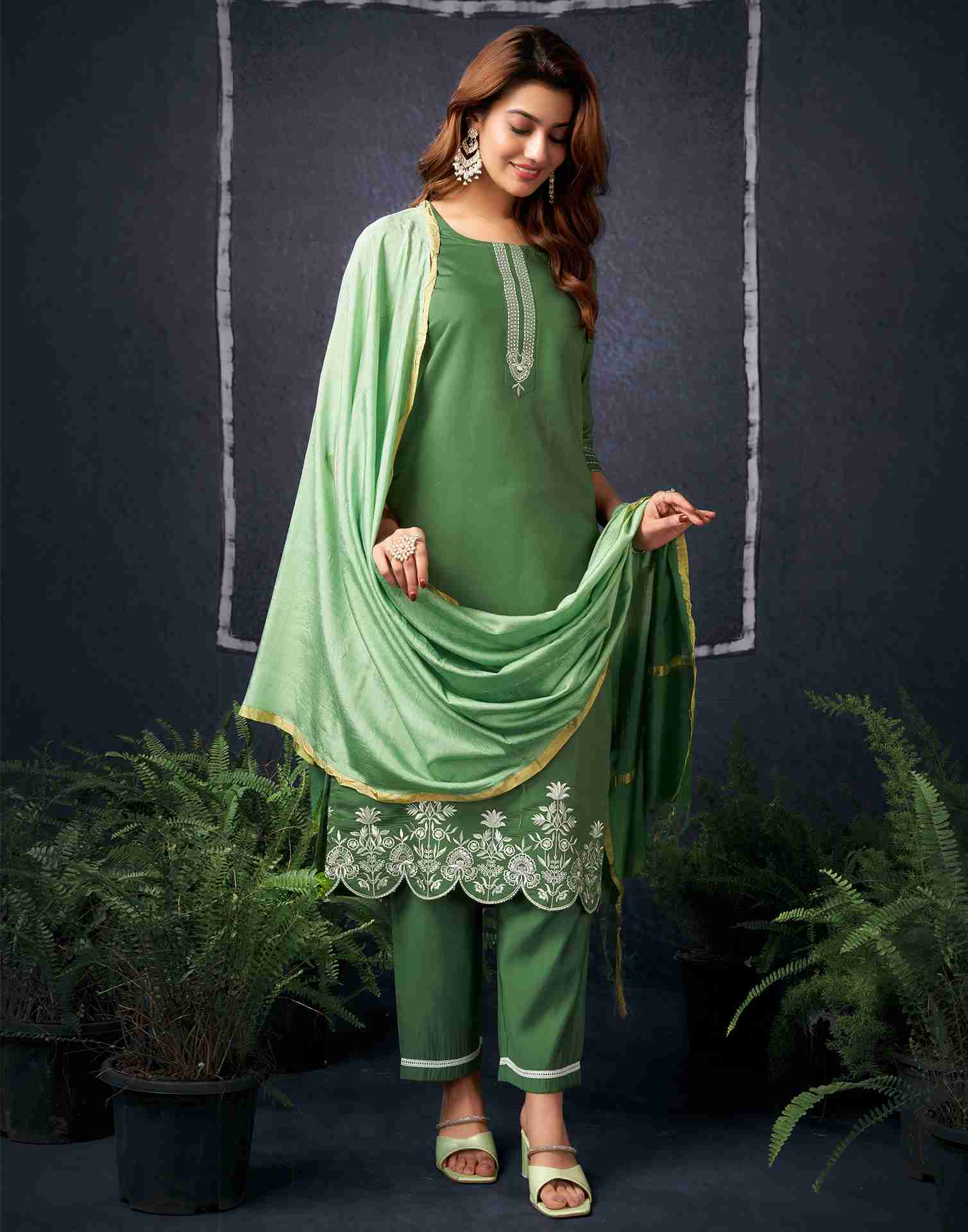 Olive Green Silk Embroidery Straight Kurta With Pant And Dupatta