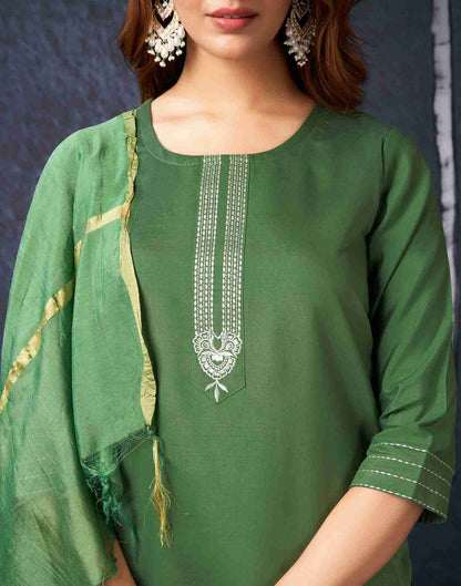 Olive Green Silk Embroidery Straight Kurta With Pant And Dupatta