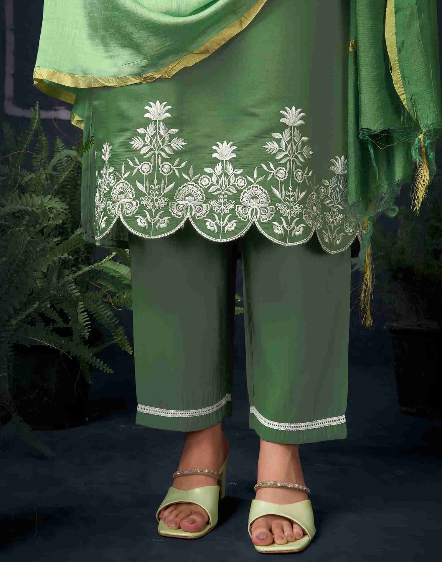 Olive Green Silk Embroidery Straight Kurta With Pant And Dupatta