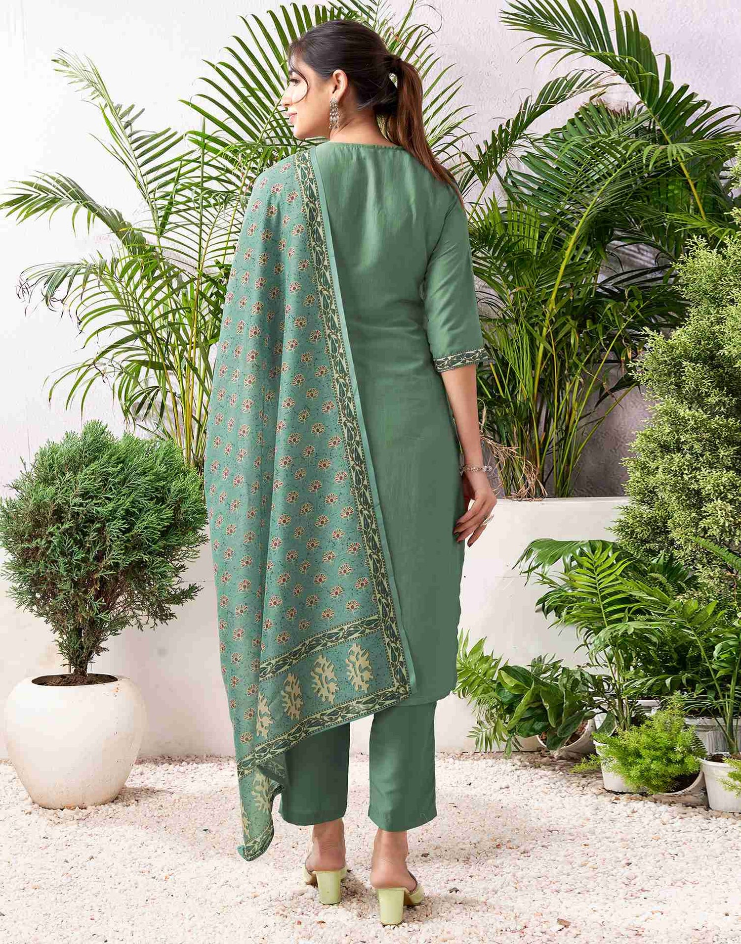 Pista Green Chinnon Printed Straight Kurta Set With Dupatta