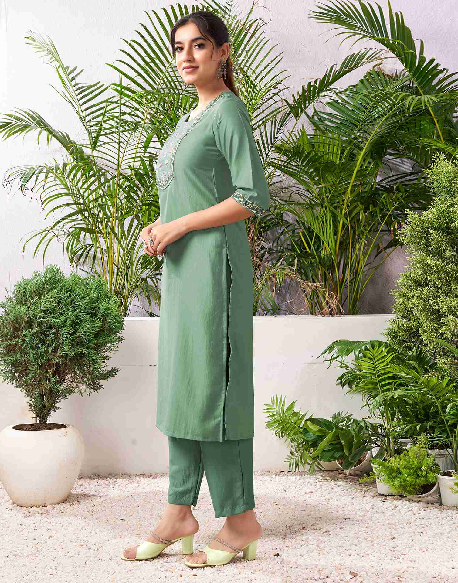 Pista Green Chinnon Printed Straight Kurta Set With Dupatta