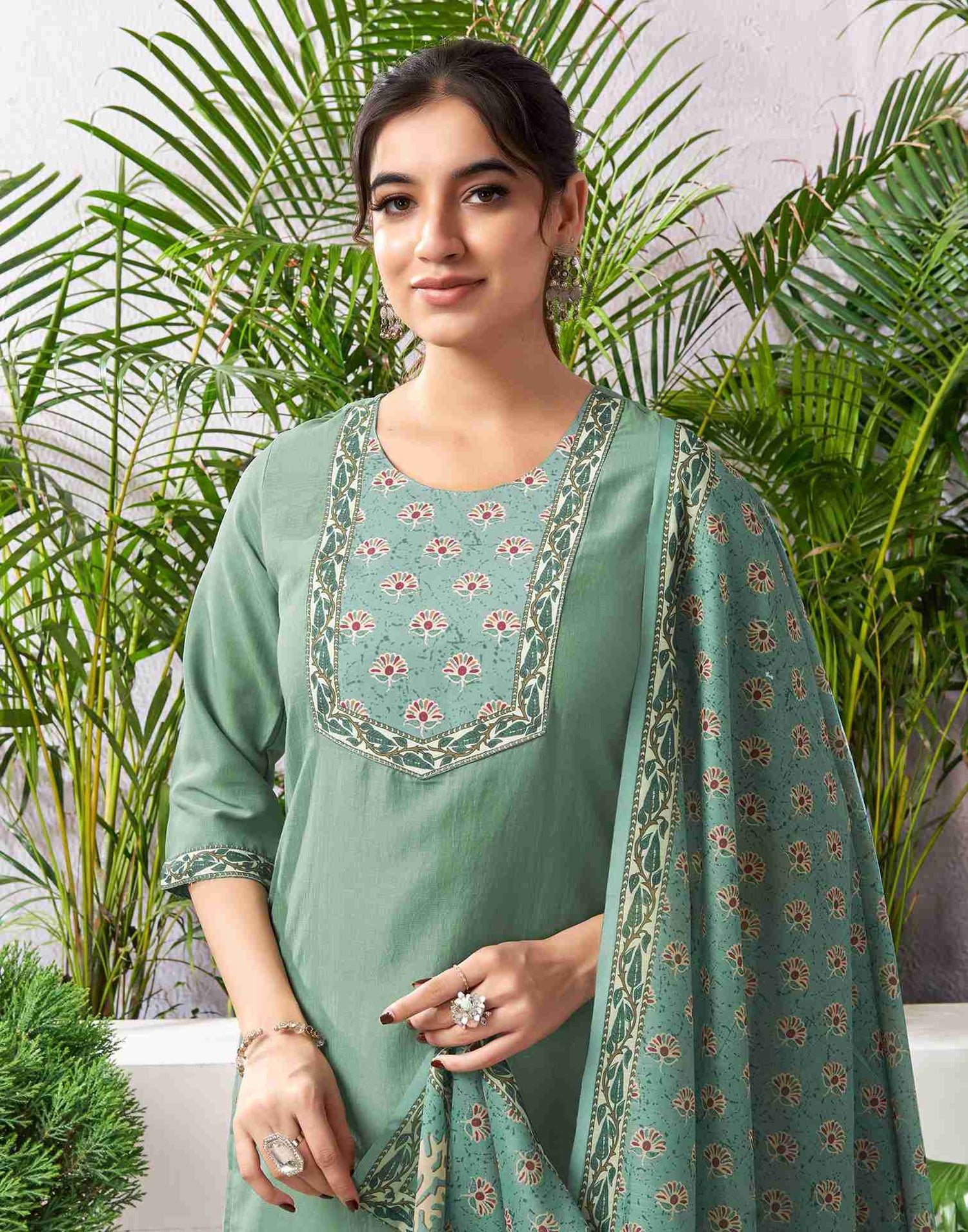 Pista Green Chinnon Printed Straight Kurta Set With Dupatta