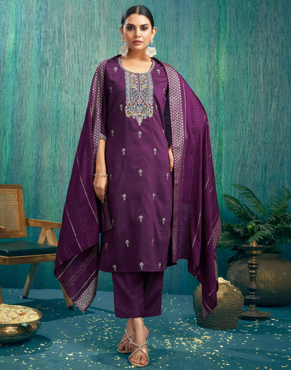 Dark Purple Silk Embroidery Straight Kurta Set With Dupatta