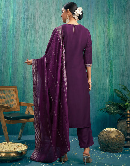 Dark Purple Silk Embroidery Straight Kurta Set With Dupatta