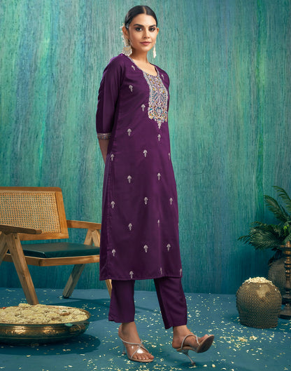 Dark Purple Silk Embroidery Straight Kurta Set With Dupatta