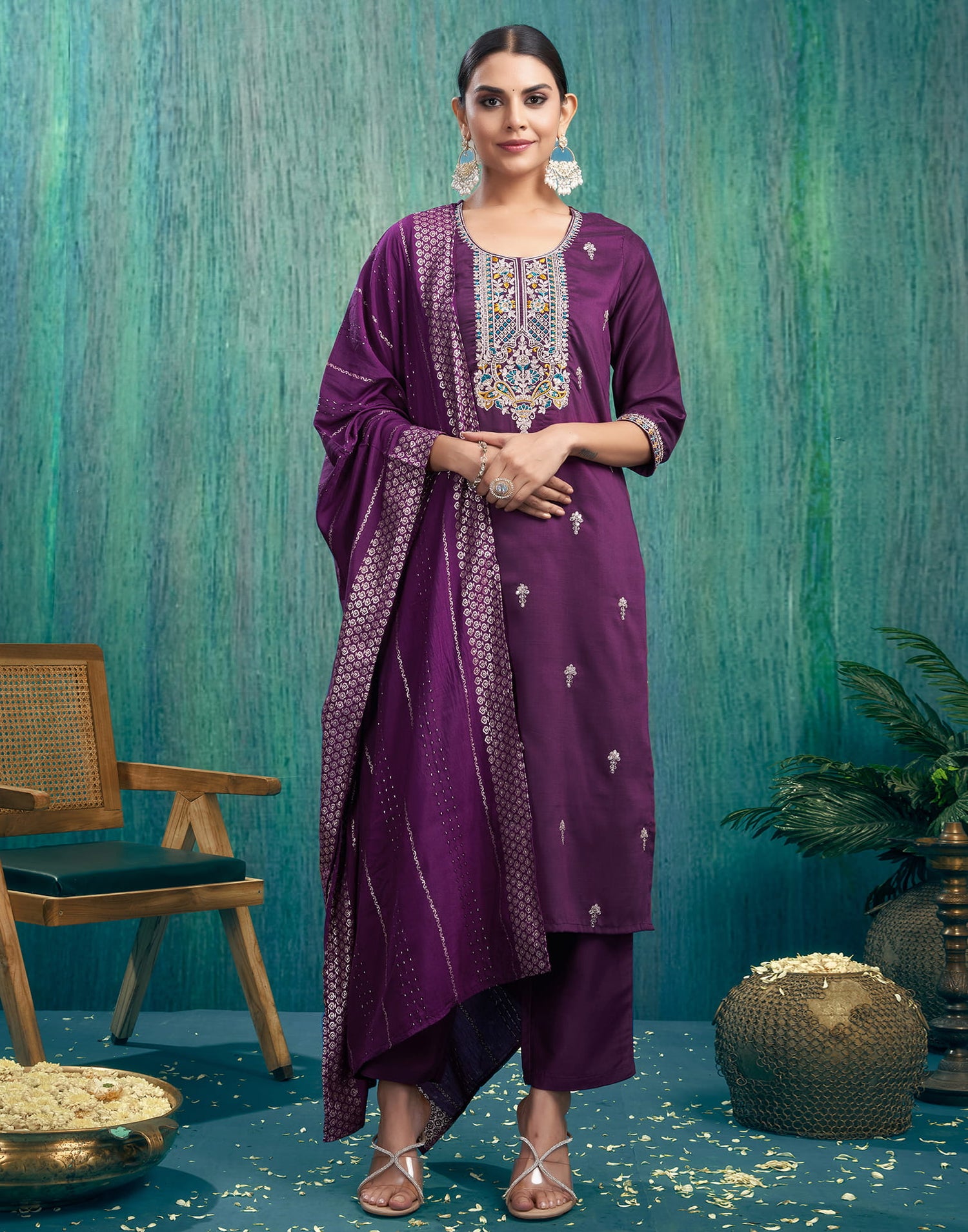 Dark Purple Silk Embroidery Straight Kurta Set With Dupatta