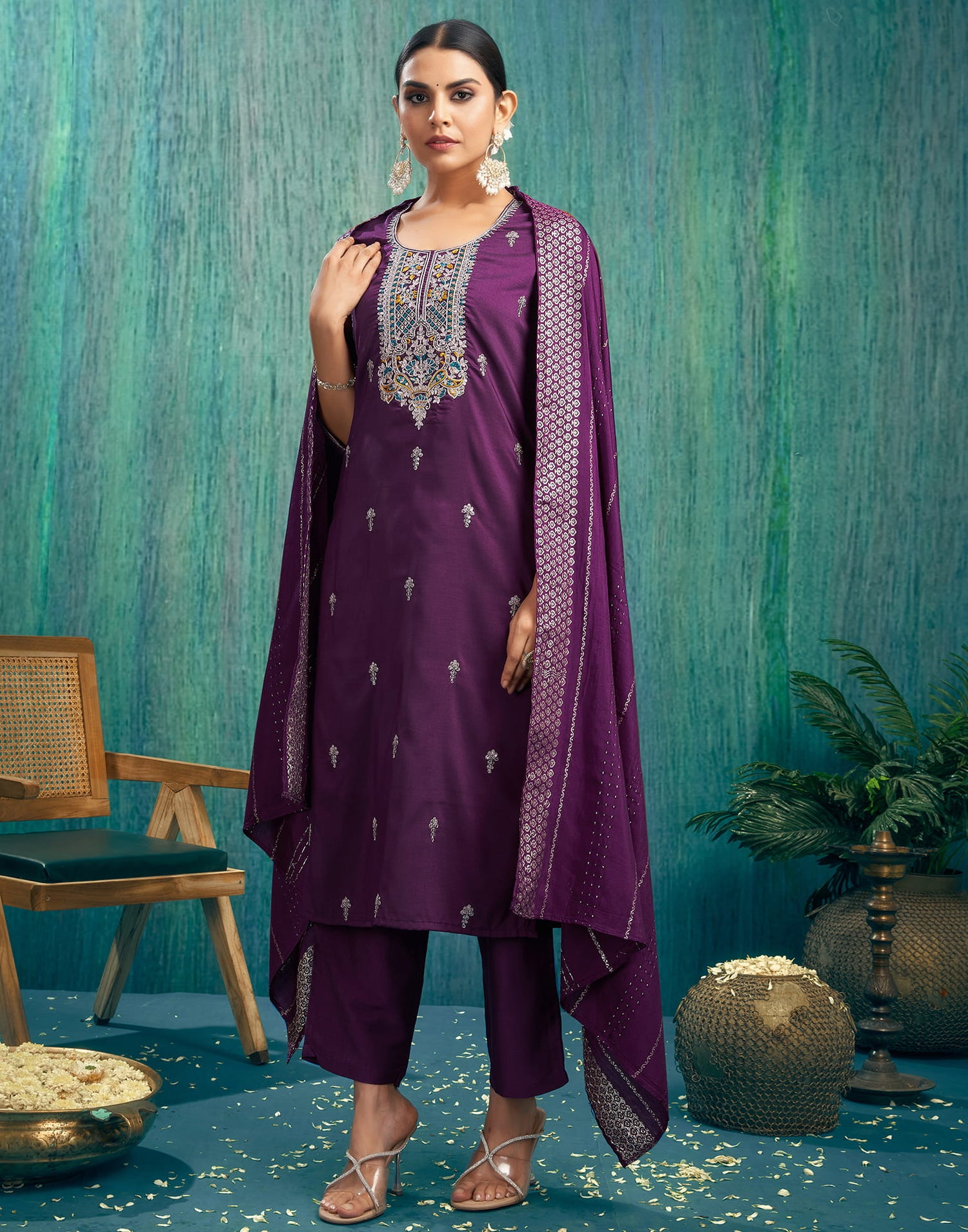 Dark Purple Silk Embroidery Straight Kurta Set With Dupatta