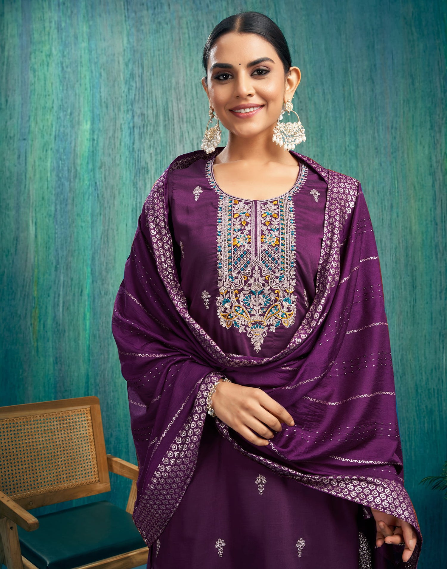 Dark Purple Silk Embroidery Straight Kurta Set With Dupatta