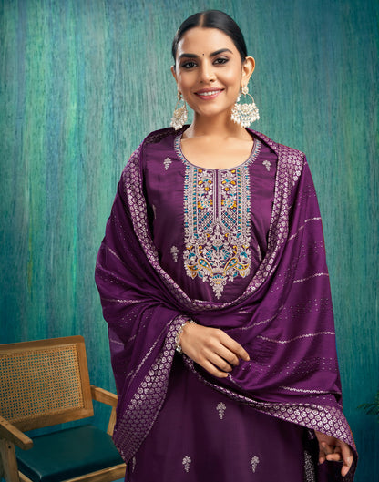 Dark Purple Silk Embroidery Straight Kurta Set With Dupatta