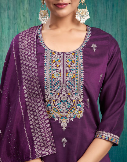 Dark Purple Silk Embroidery Straight Kurta Set With Dupatta