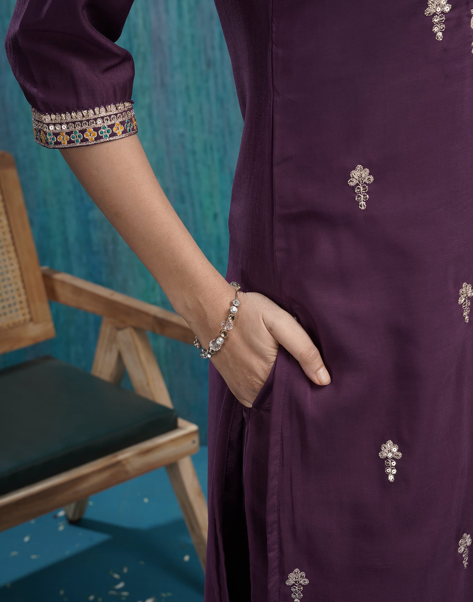 Dark Purple Silk Embroidery Straight Kurta Set With Dupatta