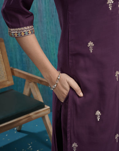 Dark Purple Silk Embroidery Straight Kurta Set With Dupatta