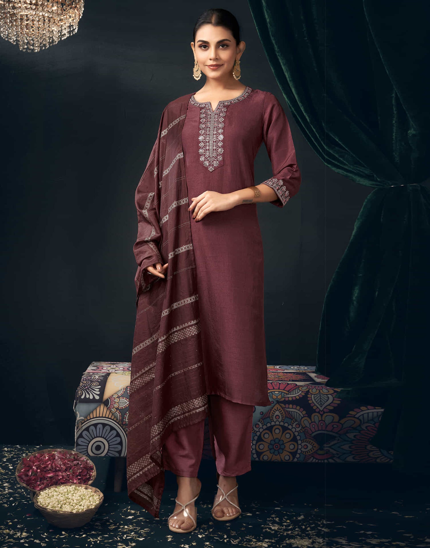 Brown Silk  Sequence Straight Kurta Set with Dupatta