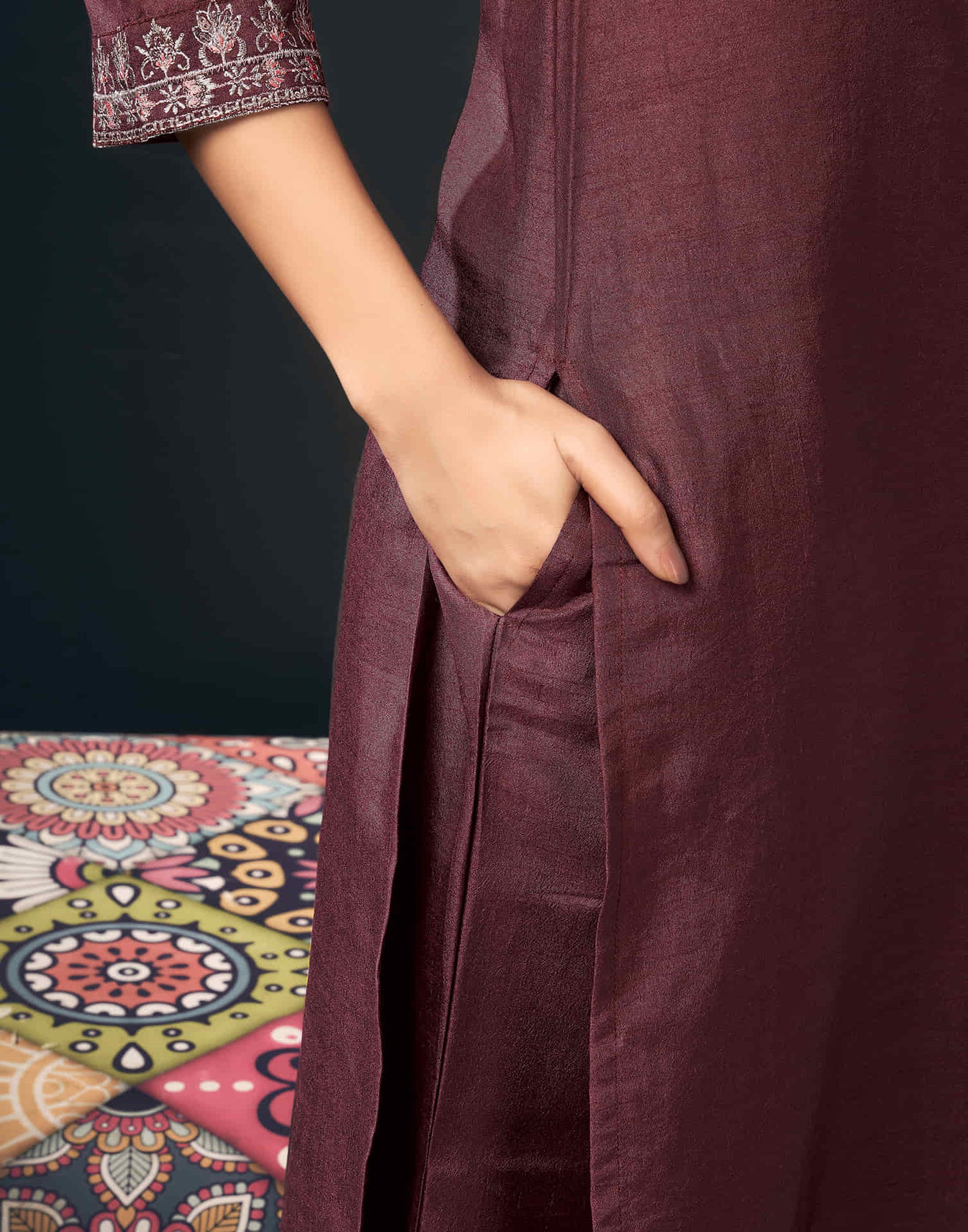 Brown Silk  Sequence Straight Kurta Set with Dupatta