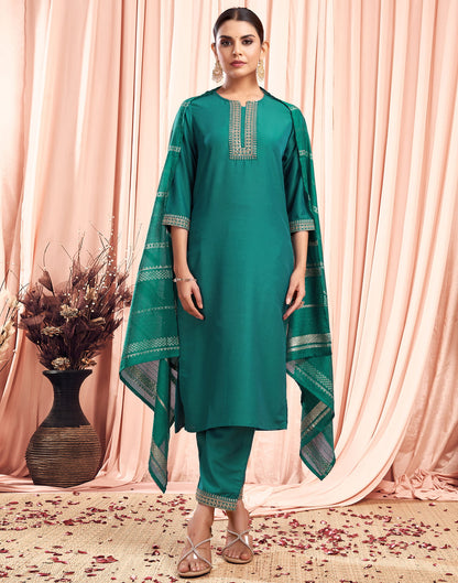 Teal Green Chinnon Embroidery Straight Kurta Set With Dupatta