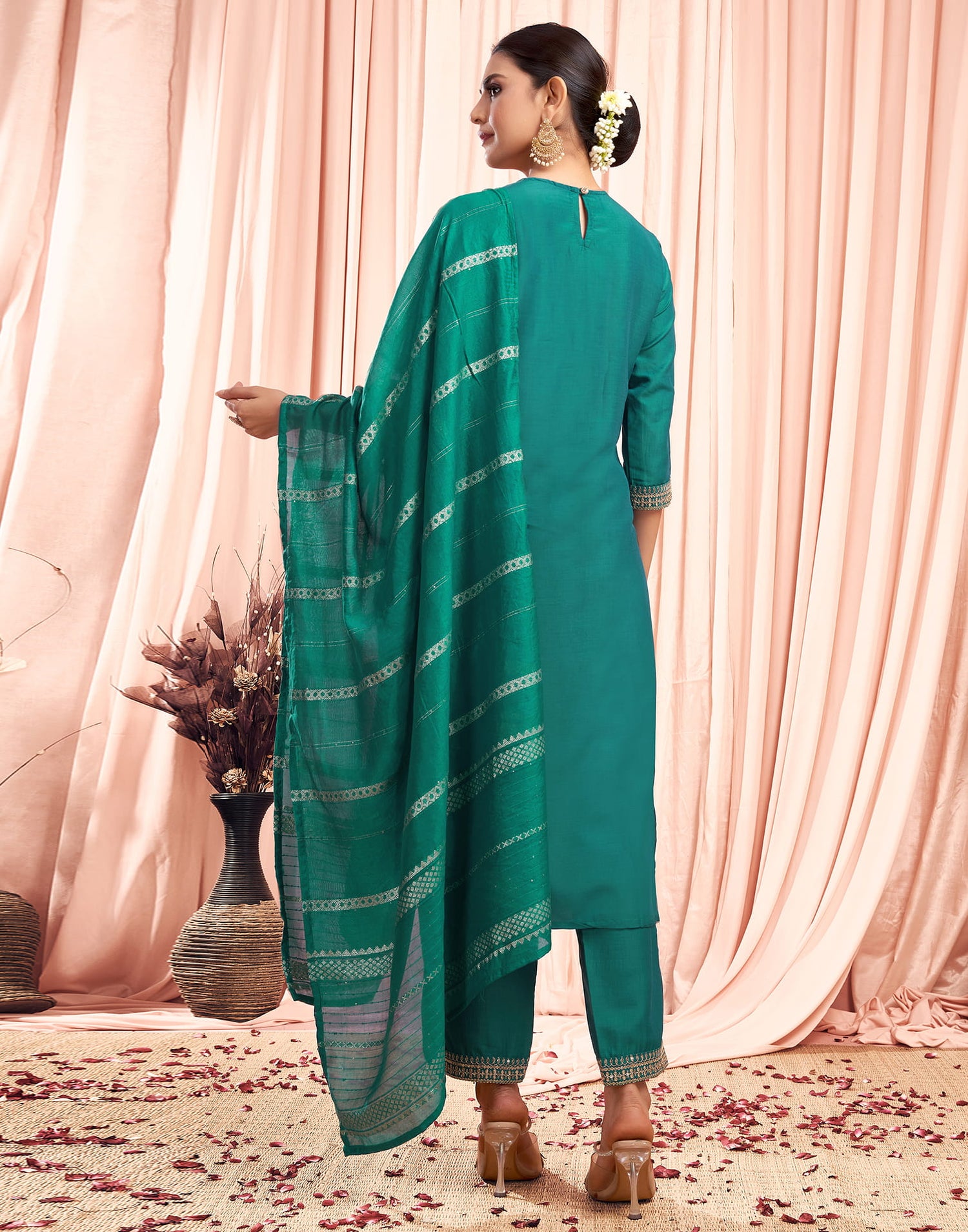 Teal Green Chinnon Embroidery Straight Kurta Set With Dupatta