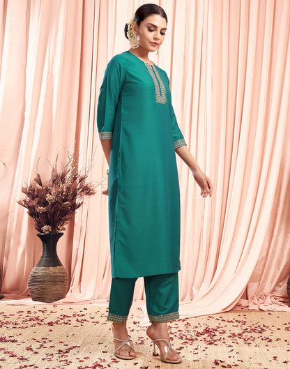 Teal Green Chinnon Embroidery Straight Kurta Set With Dupatta