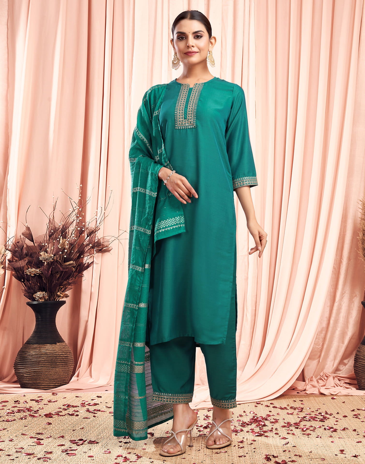 Teal Green Chinnon Embroidery Straight Kurta Set With Dupatta