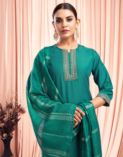 Teal Green Chinnon Embroidery Straight Kurta Set With Dupatta