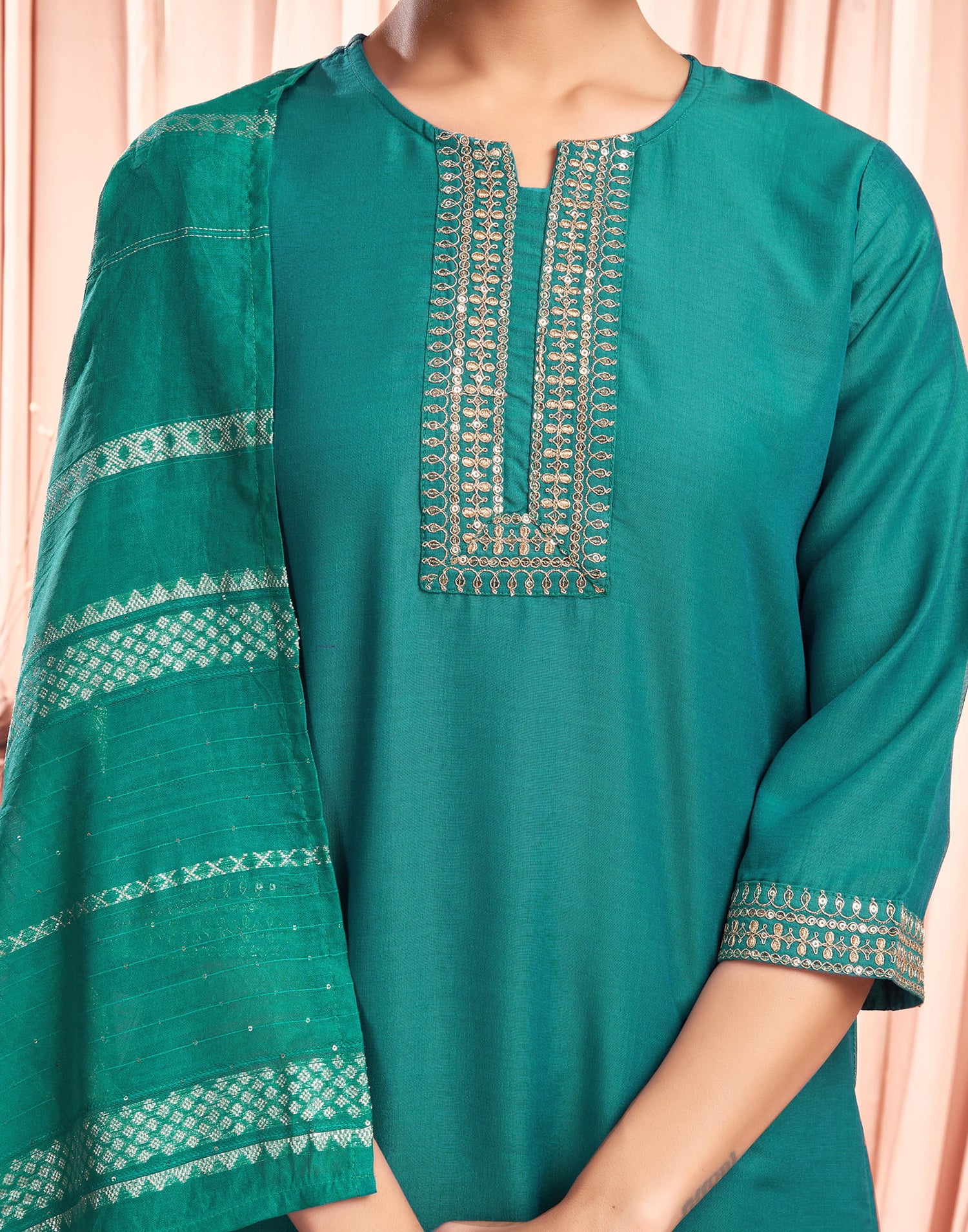 Teal Green Chinnon Embroidery Straight Kurta Set With Dupatta