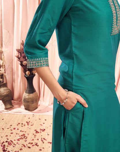 Teal Green Chinnon Embroidery Straight Kurta Set With Dupatta