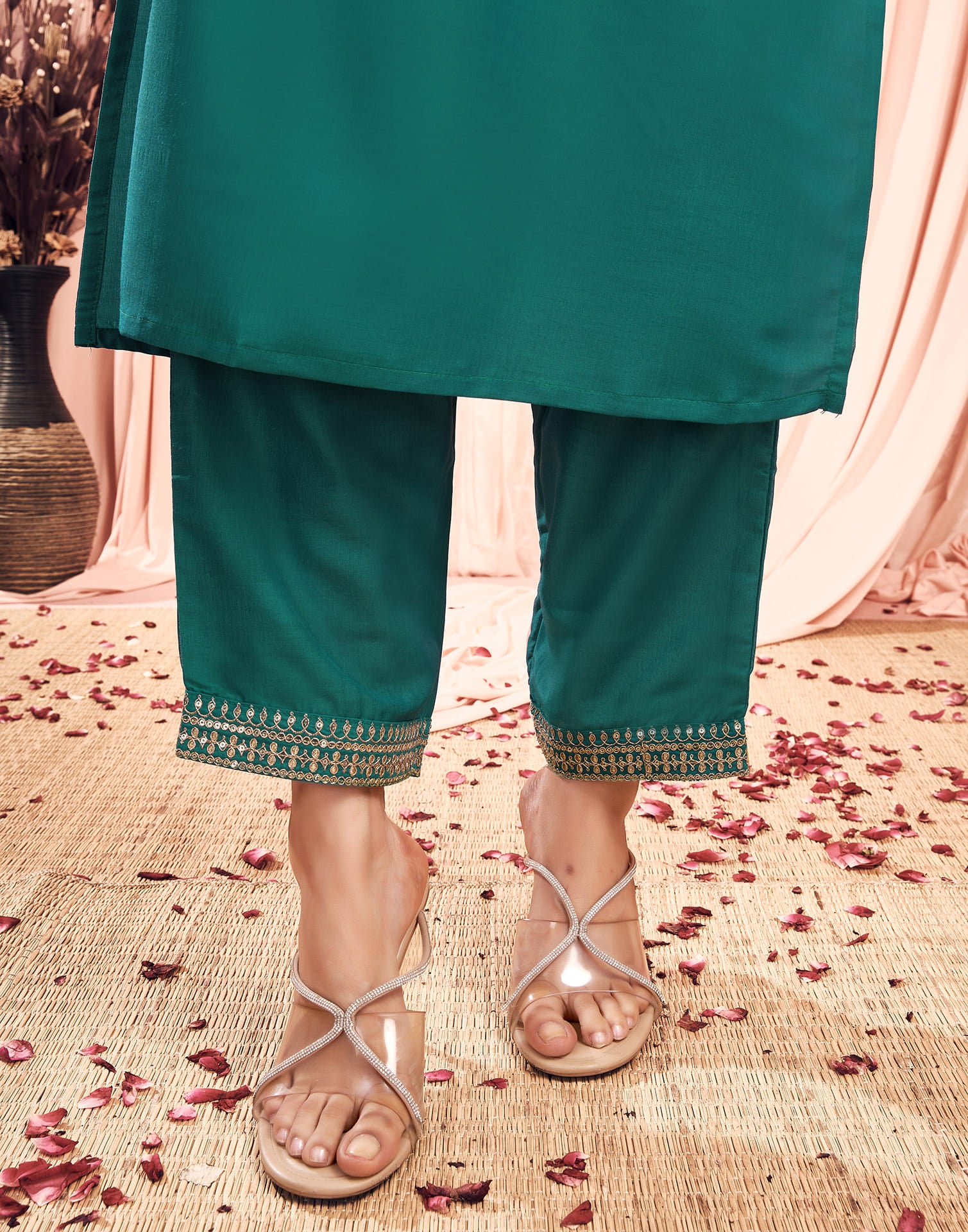 Teal Green Chinnon Embroidery Straight Kurta Set With Dupatta