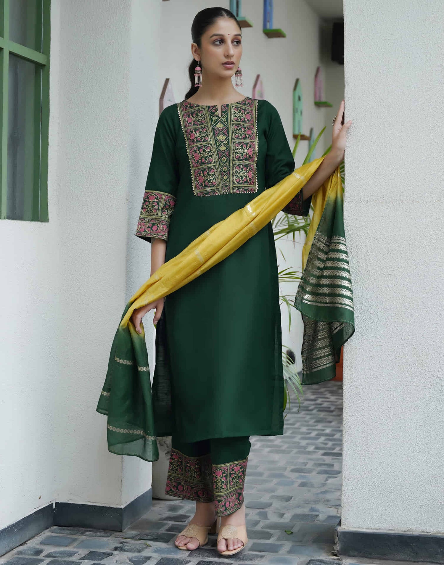 Dark Green Cotton Printed Straight Kurta Set With Dupatta