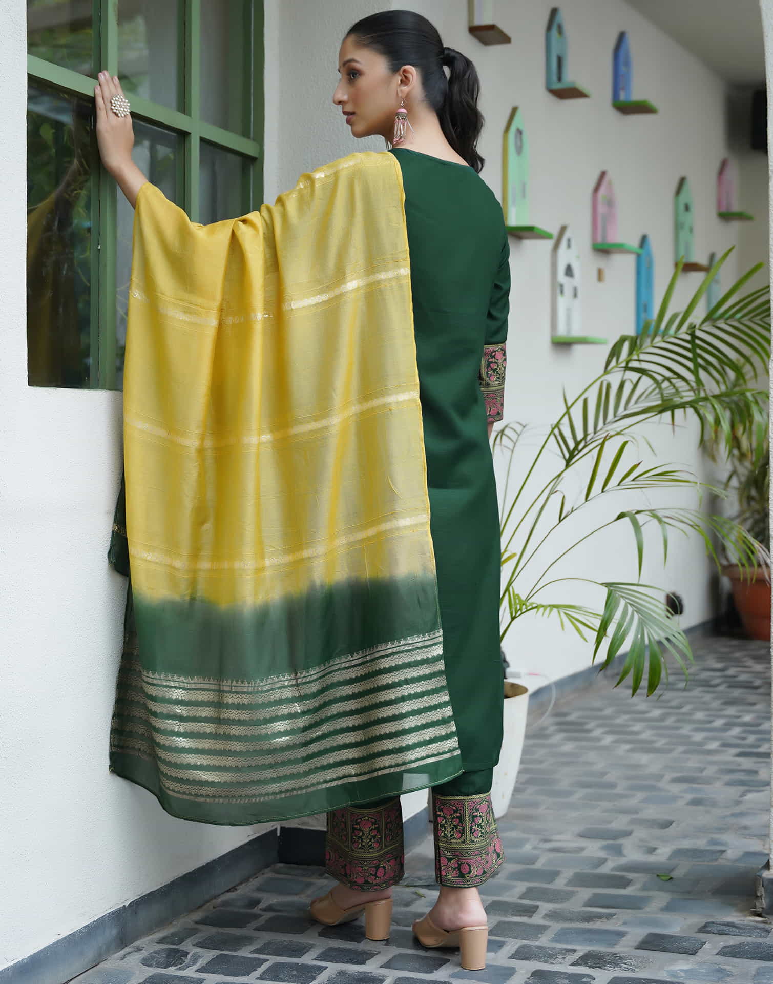 Dark Green Cotton Printed Straight Kurta Set With Dupatta