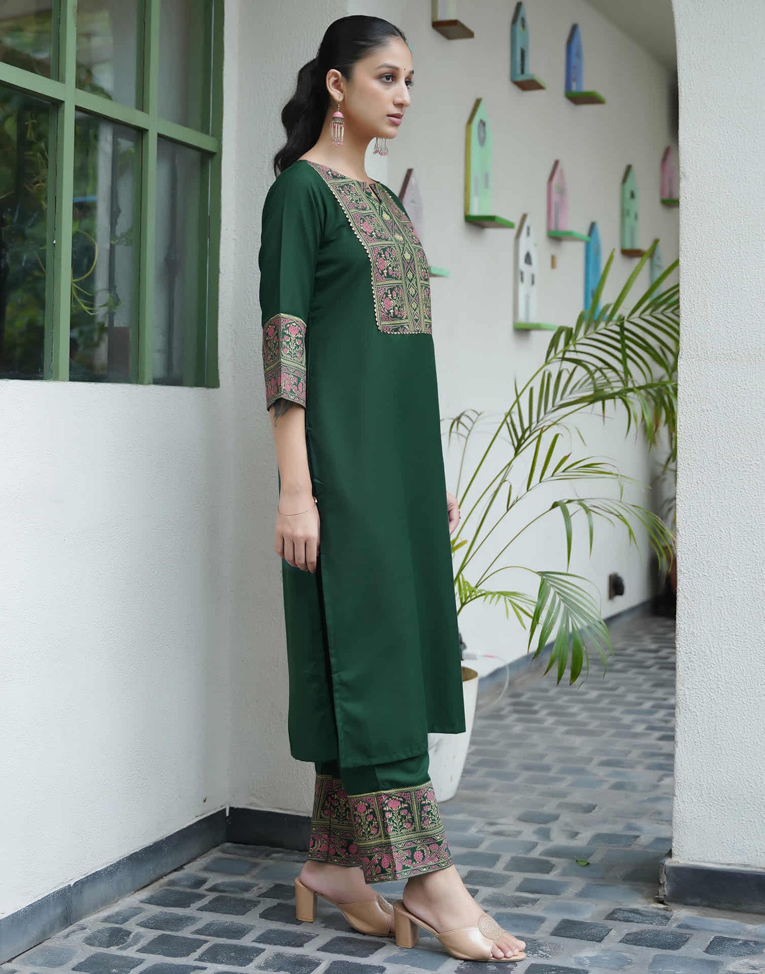 Dark Green Cotton Printed Straight Kurta Set With Dupatta