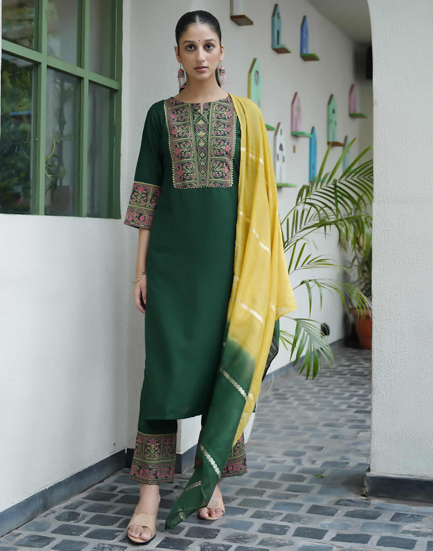 Dark Green Cotton Printed Straight Kurta Set With Dupatta