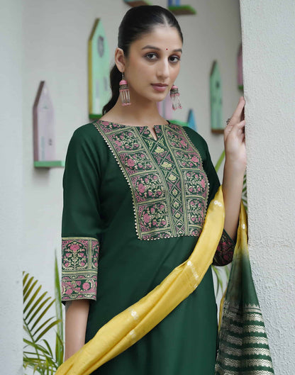 Dark Green Cotton Printed Straight Kurta Set With Dupatta