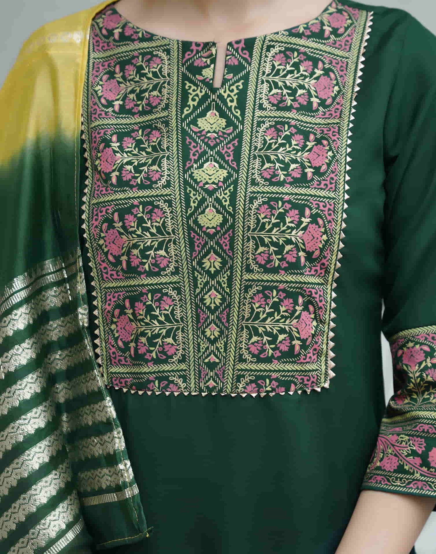 Dark Green Cotton Printed Straight Kurta Set With Dupatta